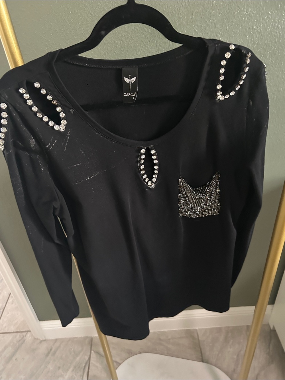 Black Long-Sleeve Embellished Women's Top
